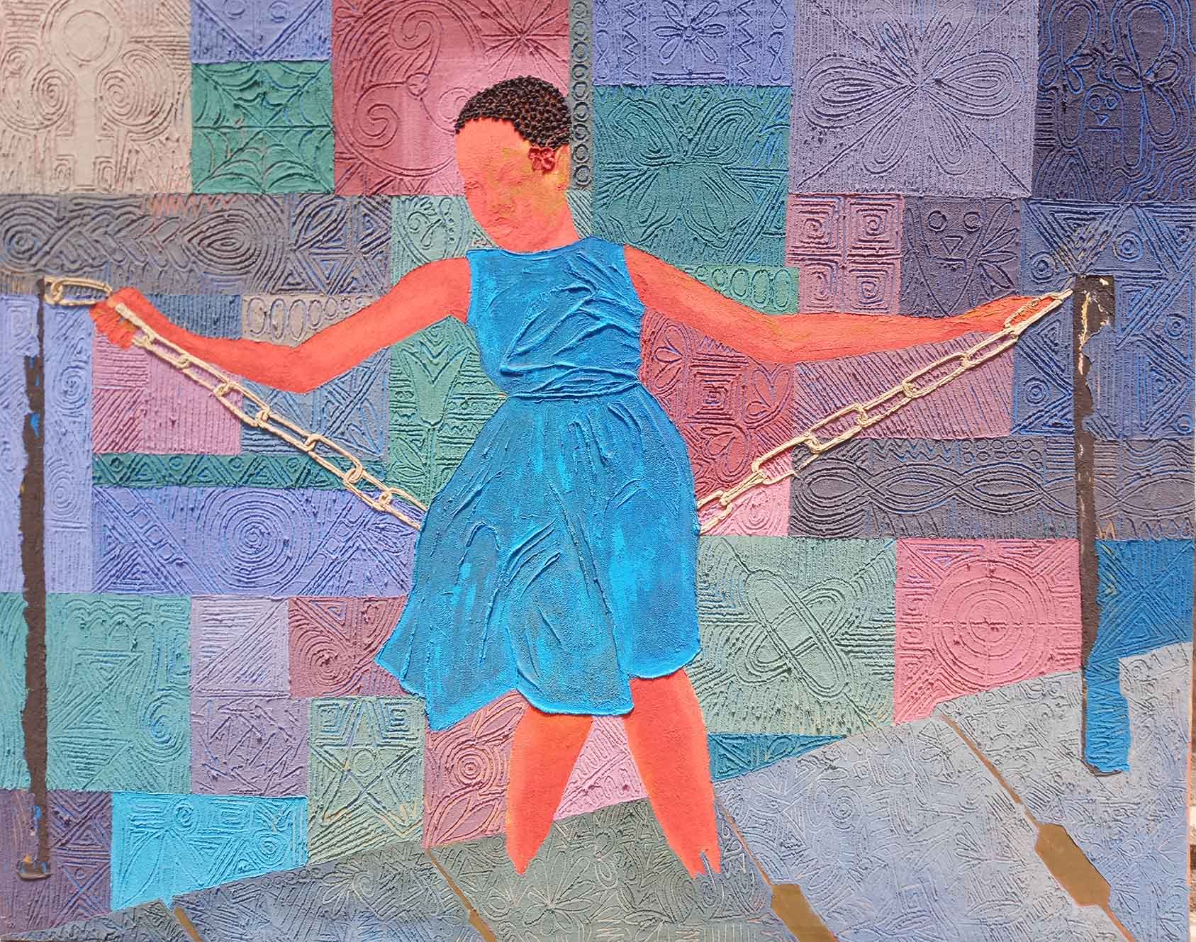 Swinging in chair, Osaru Obaseki, Acrylic & Sand on canvas